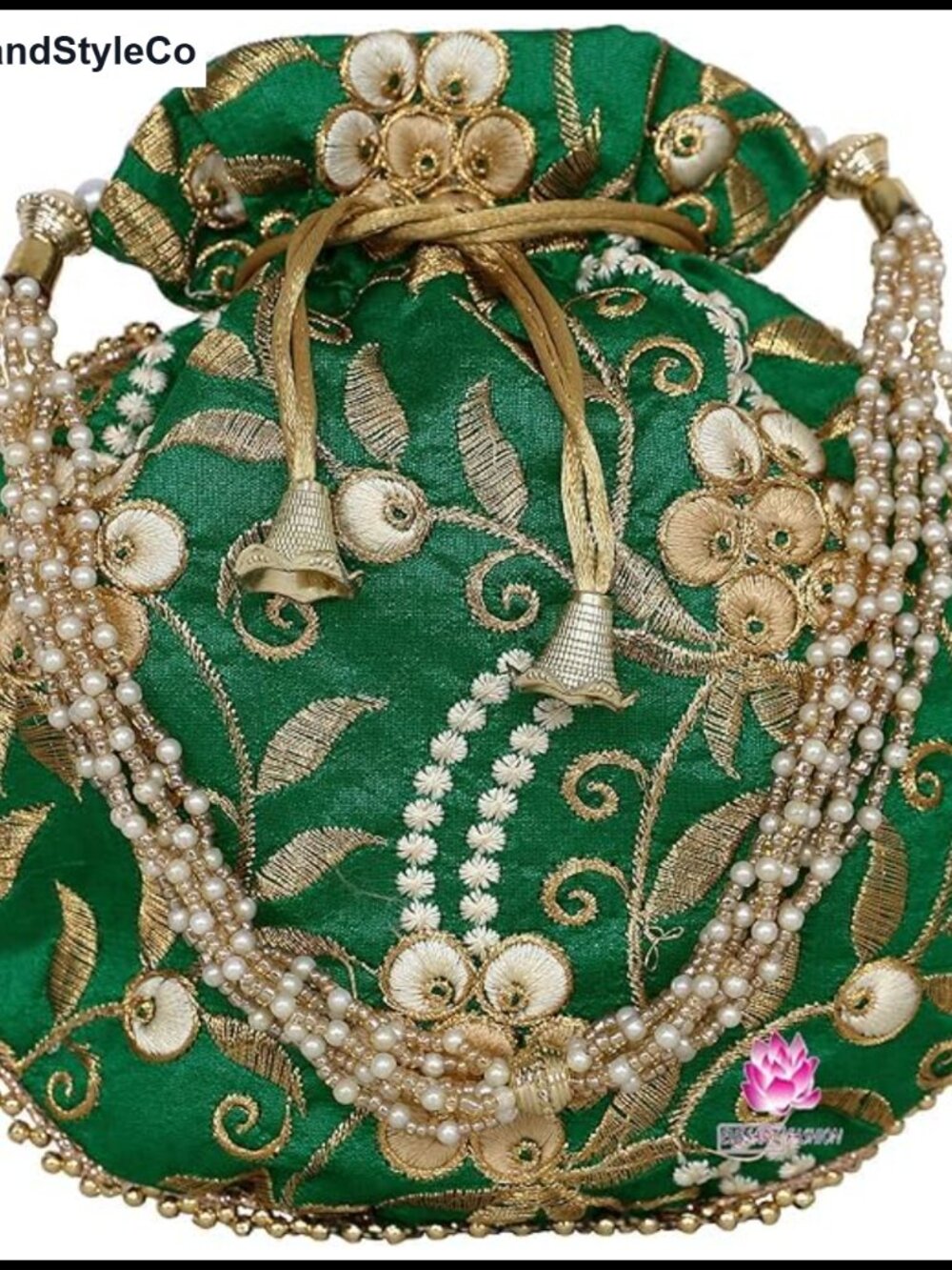 Embroidered Silk Satin Potli Bag Drawstring Pearl Handle Clutch Purse